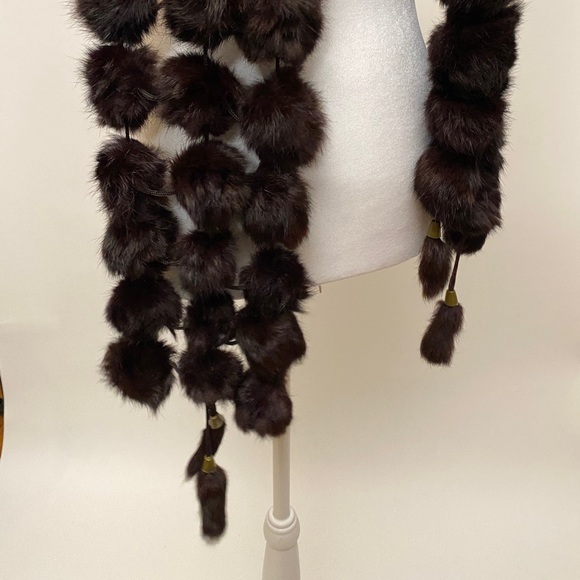 Dark Brown Pom Pom Rabbit Fur Scarf - Picture 4 of 4